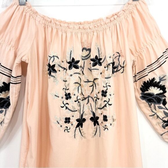 Free People Peach Navy Floral Embroidered Off Shoulder Mini Tunic Dress - Picture 6 of 16